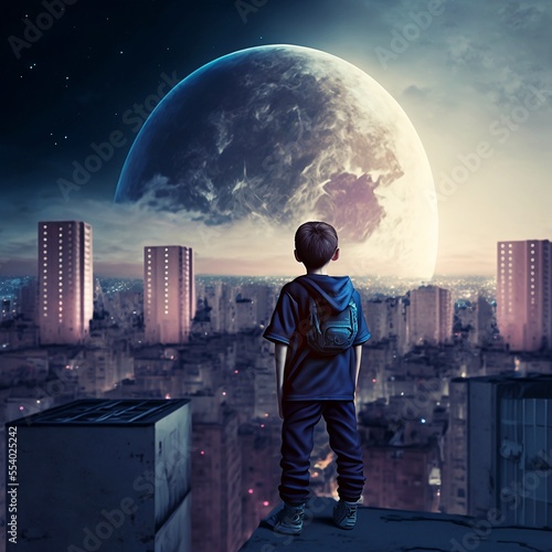 A boy standing on rooftop over a big moon digital art