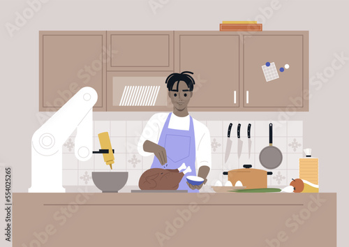 A young male African character cooking in the kitchen together with a robotic hand, modern lifestyle