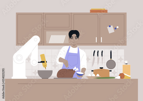 A young male Asian character cooking in the kitchen together with a robotic hand, modern lifestyle