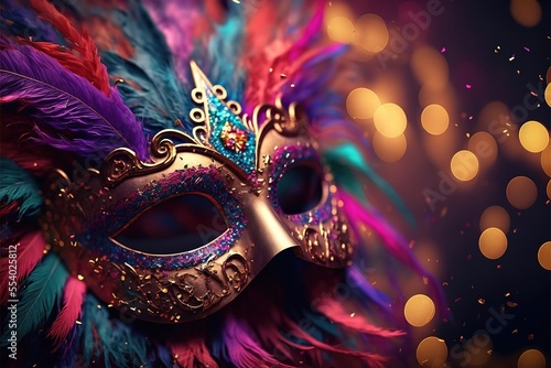 Realistic luxury carnival mask with colorful feathers. Abstract blurred background, gold dust, and light effects. Generative Ai.