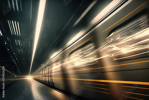 Time lapse shows a late night metro train in motion. Generative AI photo