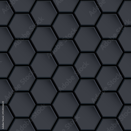 Black glossy ceramic hexagon tiles seamless pattern. Modern home interior, bathroom and kitchen 3D wall texture. Vector black shiny hexagon tile wall background.