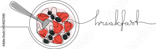 Breakfast concept - continuous one line drawing of bowl of milk with cereals and berries. Vector line art healthy food.