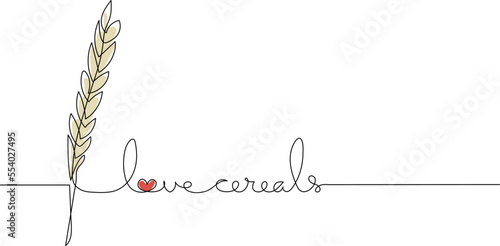 Wheat ear grain with handwritten text Love Cerelas - continuous one line drawing for bakery cereals or label design.