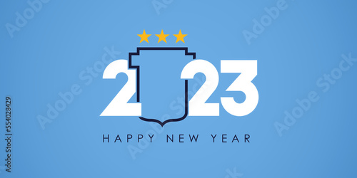 Happy New Year 2023 banner template design with Celebration of the world championship of the Argentina national team concept. Sport banner for New Year. 
