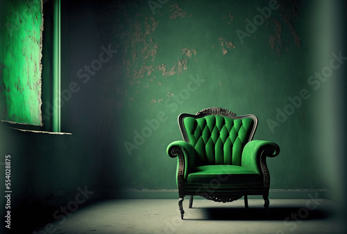 Green armchair in living room with dark green background of vacant wall. Generative AI