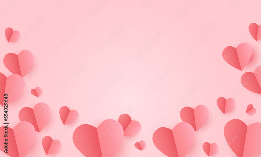 Pink hears background or banner, paper cut romantic concept, top view. Beautiful cute hearts on pastel pink background, flat lay composition. Valentines Day greeting card concept. Mothers Day design.