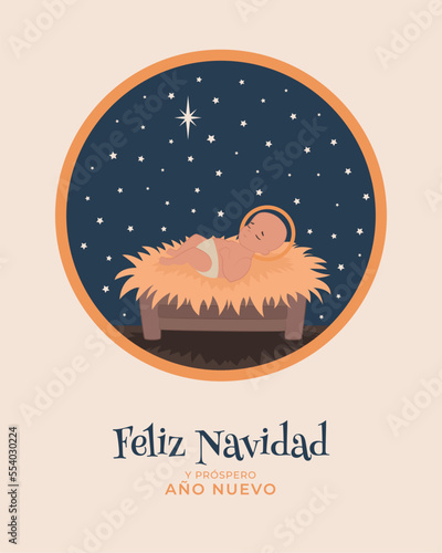 Escena de Nochebuena. Nacimiento de Jesucristo. Feliz navidad. Belén. Pesebre de Navidad