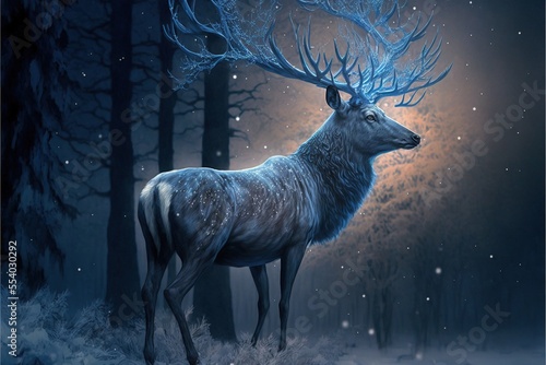 Winter Northern majestic deer in the magical winter night forest. Winter landscape with deer  big beautiful antlers  winter illumination  moonlight  neon. AI
