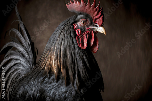 Canvas Print Black large rooster on dark background rooster portrait