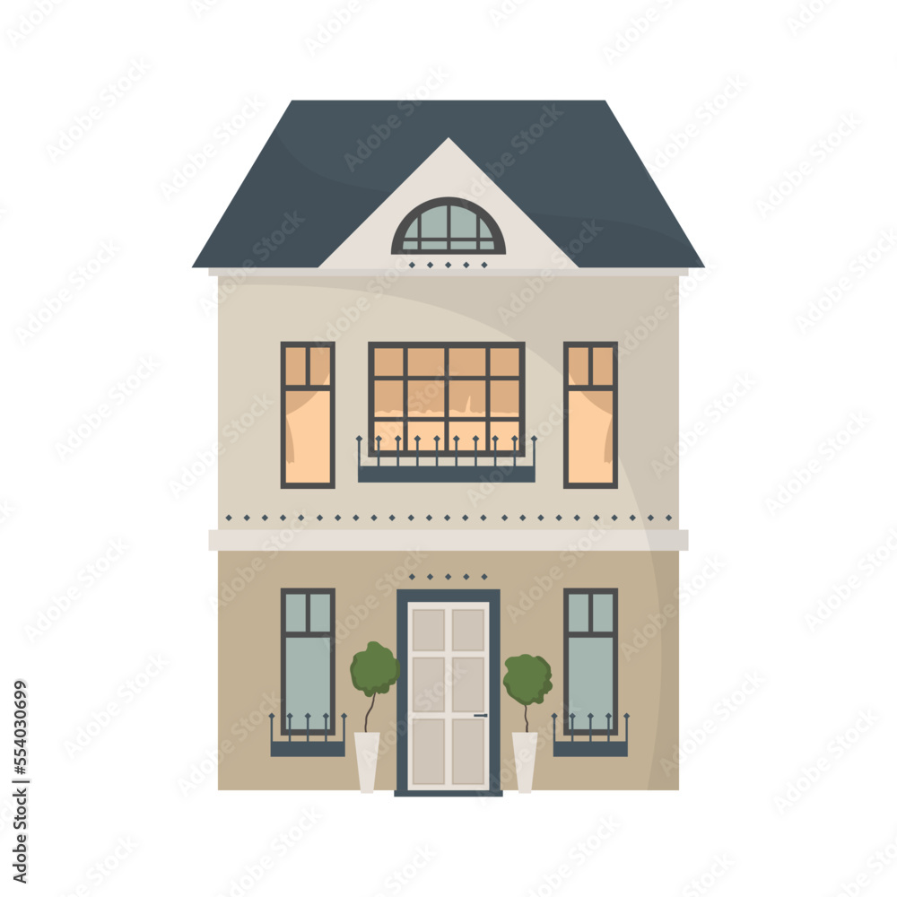 Urban architecture - a small European two-story house with trees and large windows. Flat illustration, vector illustration design template Urban architecture - a small European two-story house with trees and large windows. Flat illustration, vector illustration design template