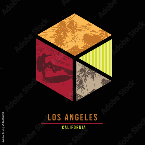 Hexagon Los Angeles California Tropical Beach Scenery graphics high wave surfer Palm tree poster graphic design t shirt print vector