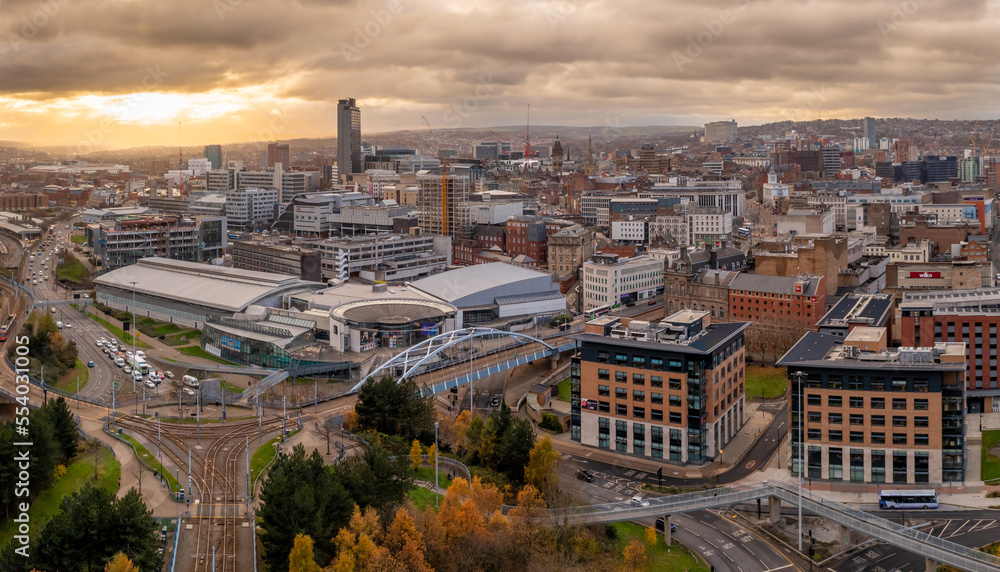 Aerial view of a Sheffield cityscape skyline at sunset