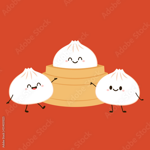 Cute Dim sum character, traditional Chinese dumplings, with funny smiling faces. Kawaii Asian food vector. wood basket.