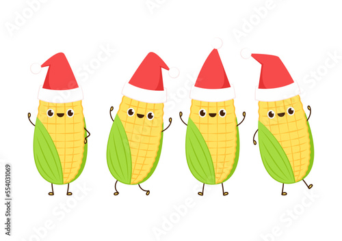 Corn cartoon vector. Cute vegetable vector character isolated on white. Corn mascot. Santa Claus hat.