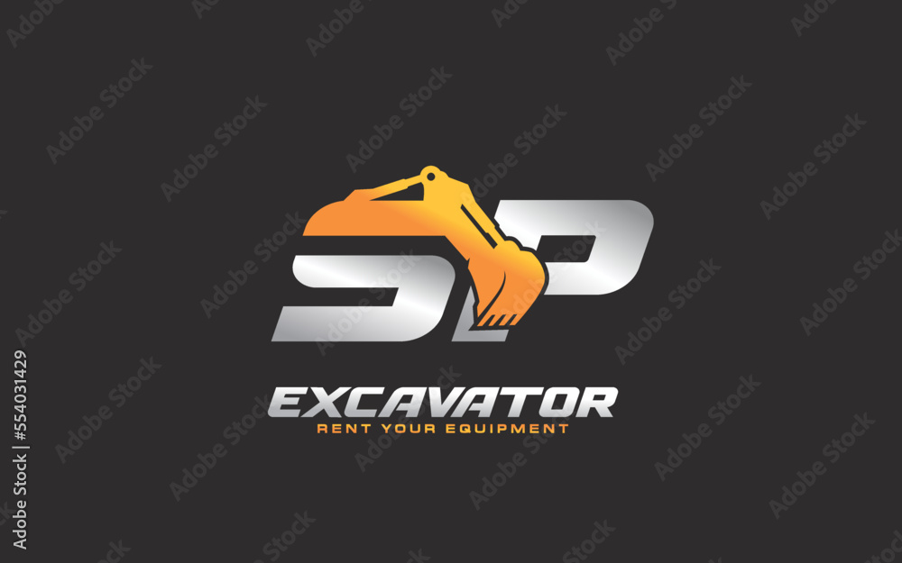 Naklejka premium SP logo excavator for construction company. Heavy equipment template vector illustration for your brand.