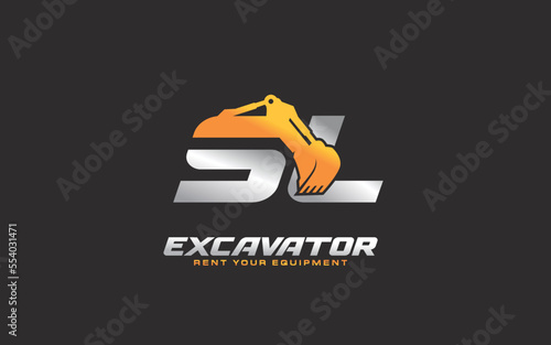 SL logo excavator for construction company. Heavy equipment template vector illustration for your brand.