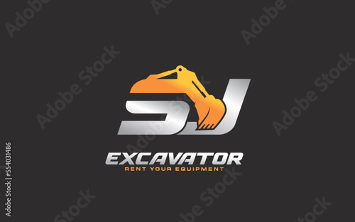 SJ logo excavator for construction company. Heavy equipment template vector illustration for your brand.