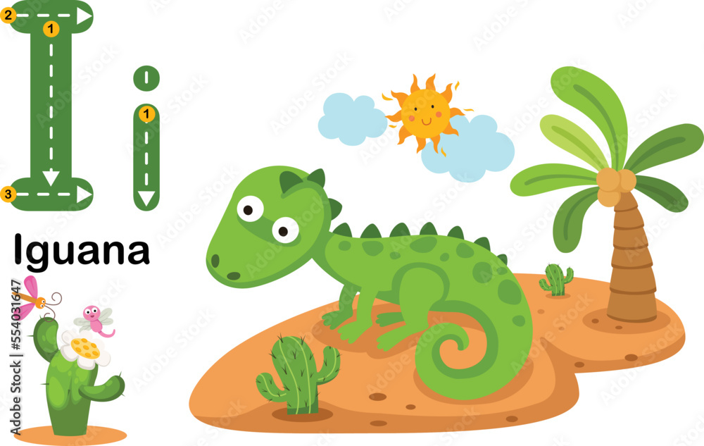 Naklejka premium Alphabet Letter I-Iguana with cartoon vocabulary illustration, vector