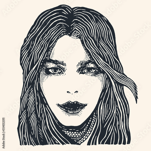 Woman face, engraved style, vector illustration