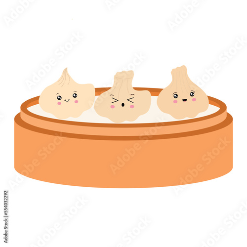 Cute cartoon traditional Chinese dumplings, with funny smiling faces in a bamboo steamer. Vector illustration of Asian cuisine in the style of Kawaii.