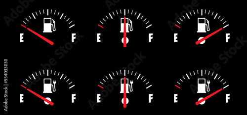 Cartoon fuel gauge. Car flling station. Petrol pump or electric plug meter. Electrical cable. Gas meter fuel pump station indicator. Level with arrow. Clock face, fuel measurements. dashboard scale.