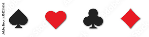 Set collection gambling sign symbol of playing card suits and chips for poker and casino. Hearts, clubs, diamonds and spades on an isolated white background.
