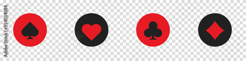 Set collection gambling sign symbol of playing card suits and chips for poker and casino. Hearts, clubs, diamonds and spades on an isolated transparent background.