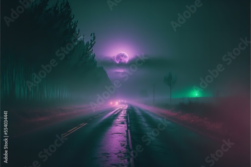 Foggy night road with extreme moon light.