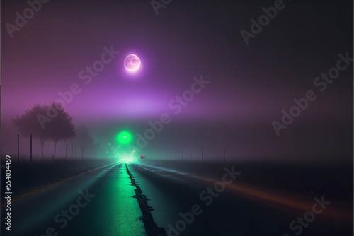 Foggy night road with extreme moon light.