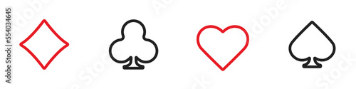Set collection gambling sign symbol of playing card suits and chips for poker and casino. Hearts, clubs, diamonds and spades on an isolated white background.
