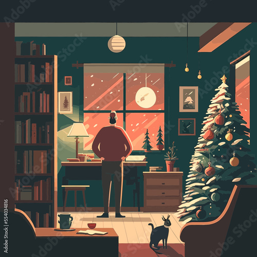 A man looking out of the window of his living room decorated for Christmas