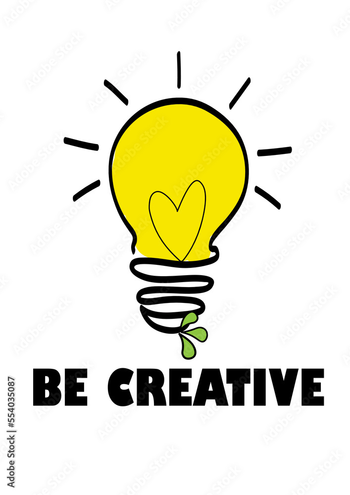 Be creative word concept for thinking new ideas with innovation. Logo with bulb lamp symbol of creativity. Vector illustration. Be creative word concept for thinking new ideas with innovation. Logo with bulb lamp symbol of creativity. Vector illustration.