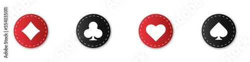 Set collection gambling sign symbol of playing card suits and chips for poker and casino. Hearts, clubs, diamonds and spades on an isolated white background.