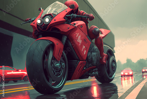 Red motorbike on the highway. Generative AI © 2rogan