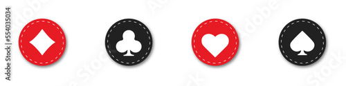 Set collection gambling sign symbol of playing card suits and chips for poker and casino. Hearts, clubs, diamonds and spades on an isolated white background.