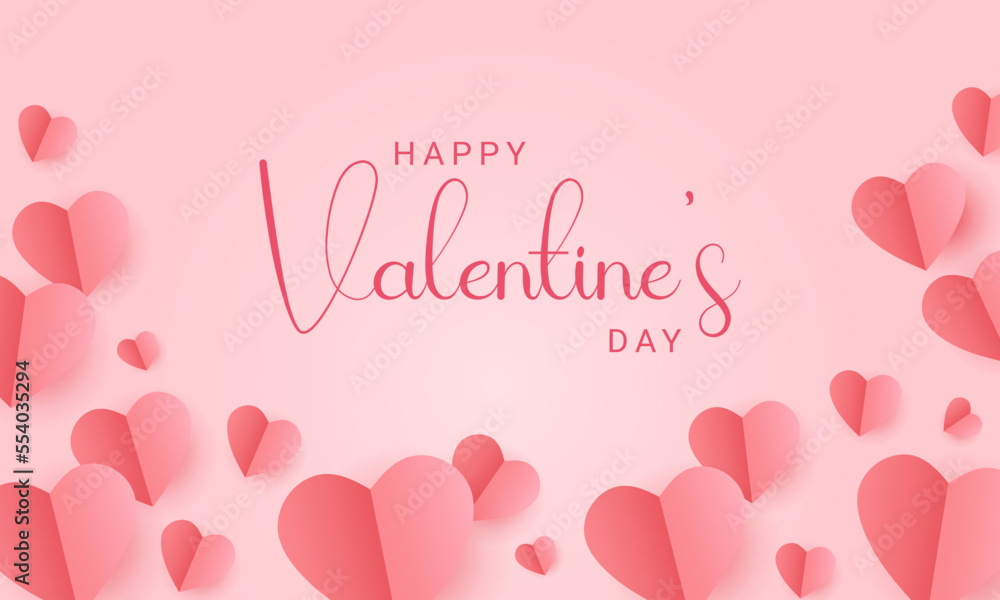 Pink hears background or banner, paper cut romantic concept, top view. Beautiful cute hearts on pastel pink background with text. Valentines Day greeting card concept. Mothers Day design. 