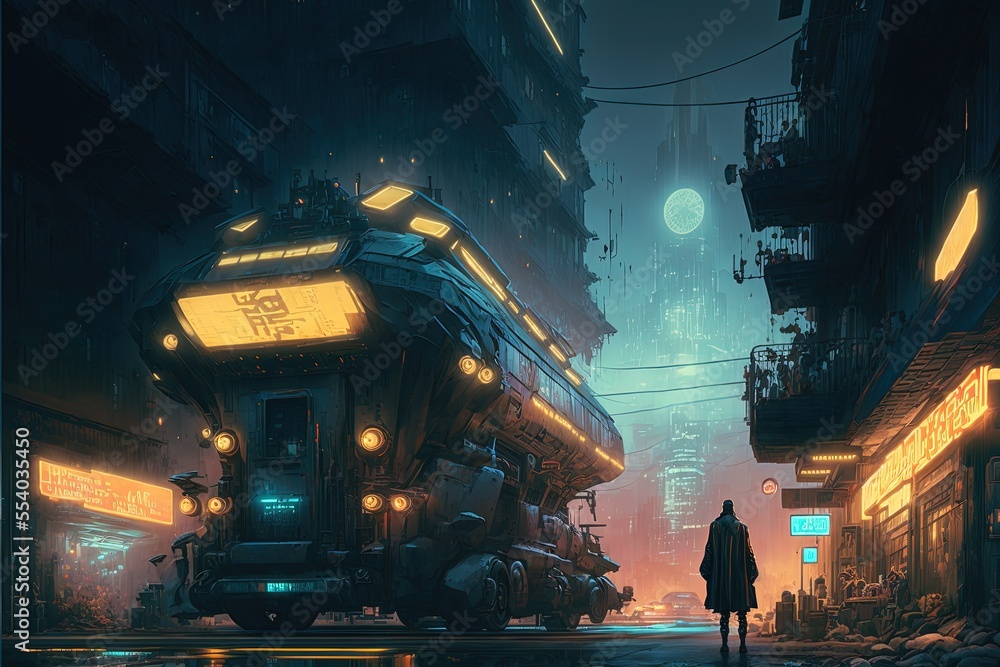 Generative Ai, cyberpunk city with neon light, city life, futuristic ...