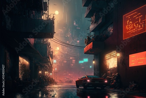 Generative Ai, cyberpunk city with neon light, city life, futuristic neo city and technology. photo