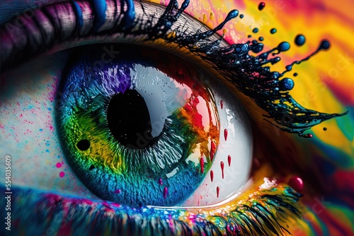 Generative AI, human eye close up with colorful paint , ink splashes and drips photo