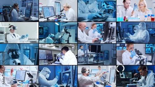 Science, research and laboratory work concept. Diverse people work in modern science labs. Doctors, professors and lab assistants conduct medical, nanotechnological and microelectronic research. photo