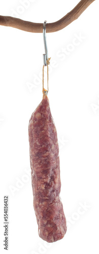 Sausage hanging to dry. Air-dried salami isolated on white background.