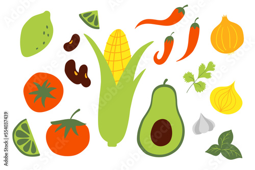 Mexican Food set in flat vector style. Traditional ingredients like tomato, avocado and chili pepper, corn, lime
