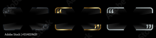 Text quote symbol frame set. Glossy black, gold, brushed metal volume template isolated on black background mockup. Vector illustration design collection