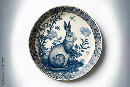 chinese year of the rabbit 2023, rabbit illustration on a porcelain plate created with Generative AI technology