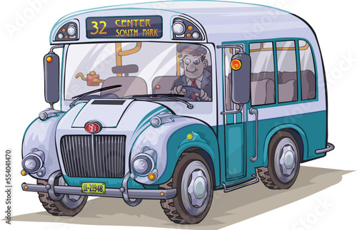 Cartoon image of an old city bus. All is in separate layers, for easy editing. (ID: 554041470)