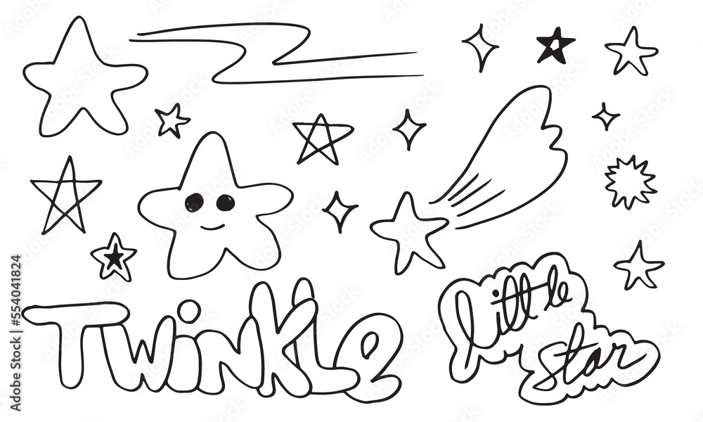 Twinkle twinkle little star inspirational lettering poster. Star doodles collection on white background. Twinkle twinkle little star inspirational lettering poster. Star doodles collection on white background.