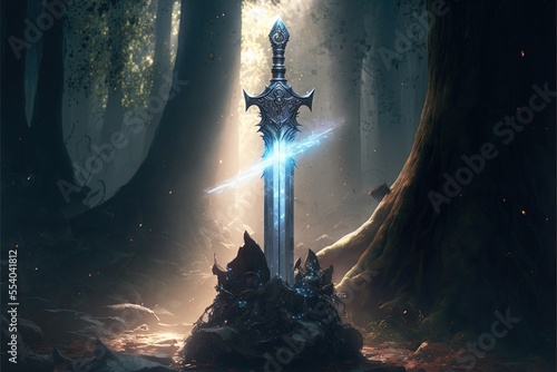 Excalibur, sword in the stone with light rays in a dark forest. Digital illustration. Generative AI photo