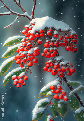 Rowan tree with red berries, rowan tree covered with snow, winterly branches and tree with red berries, cold, season, winter, illustration, 