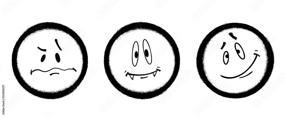 Three graffiti emoticons. Smiling face painted spray paint. Vector illustration on white background Three graffiti emoticons. Smiling face painted spray paint. Vector illustration on white background
